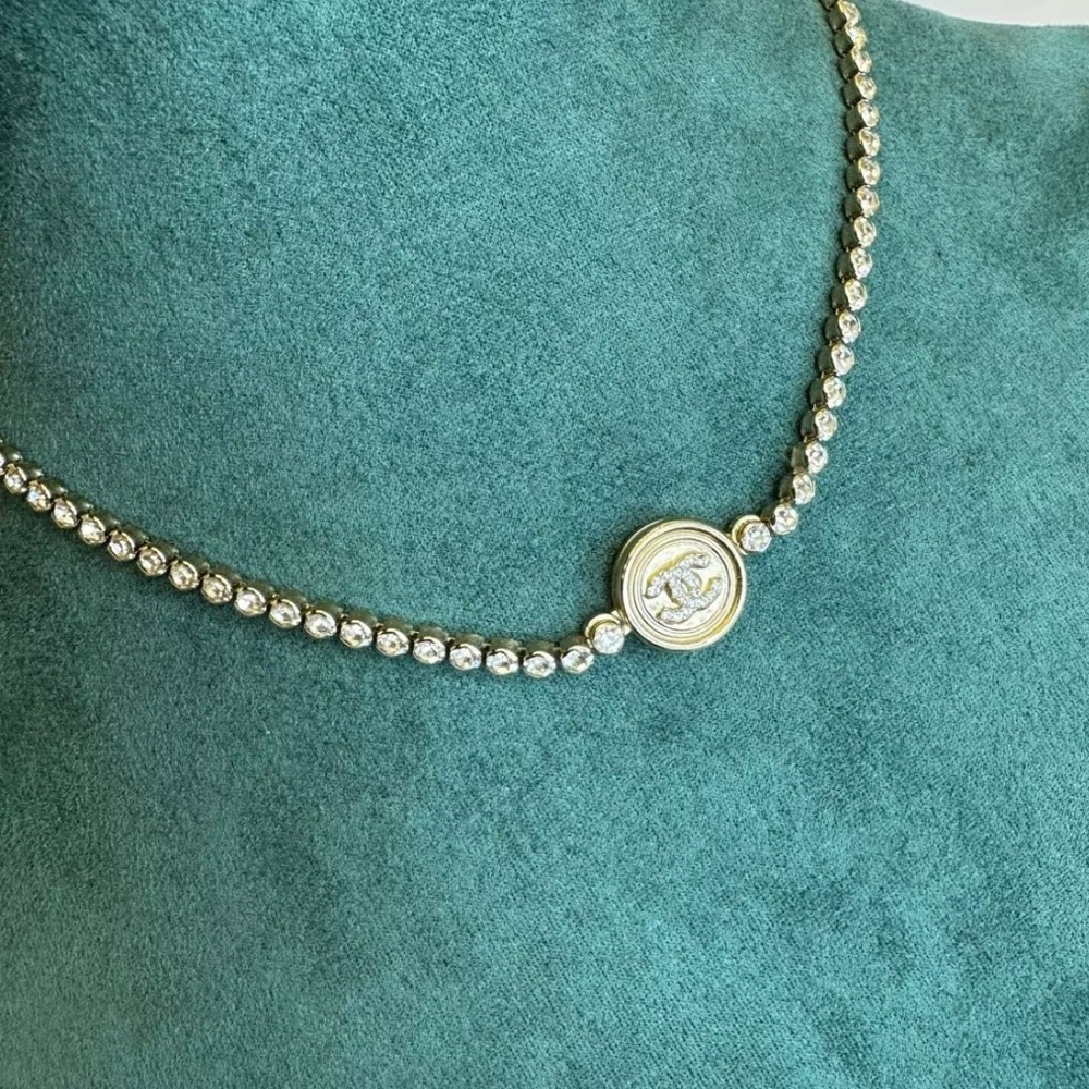 【Authentic】Chanel CC Round Button Choker Necklace Metal with Crystals